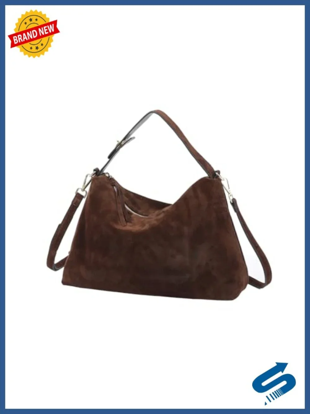 Genuine Suede Leather Hobo Bag - Tote Crossbody Shoulder Bag with Zipper